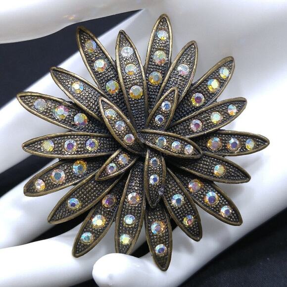 Vintage Flower Rhinestone Brooch, Bronze Tone, AB Rhinestones, 1990, 2 1/2 Inch - Picture 1 of 5